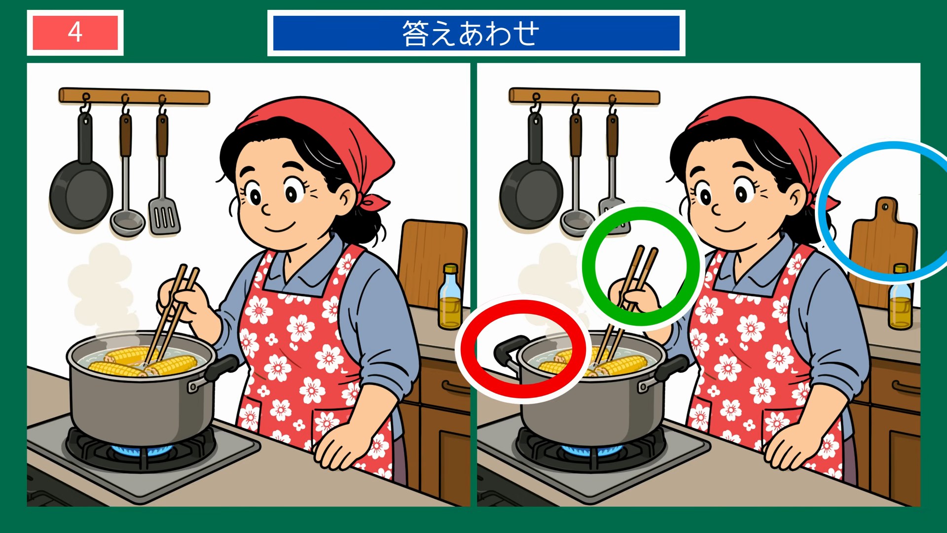 なつかしい暮らしの間違い探し 第4問 とうもろこしを茹でる女性の答え