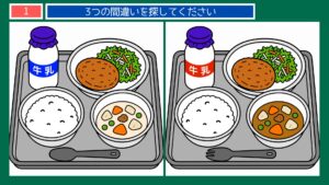 懐かしい日常の間違い探し 第1問 学校給食のトレーの問題イラスト