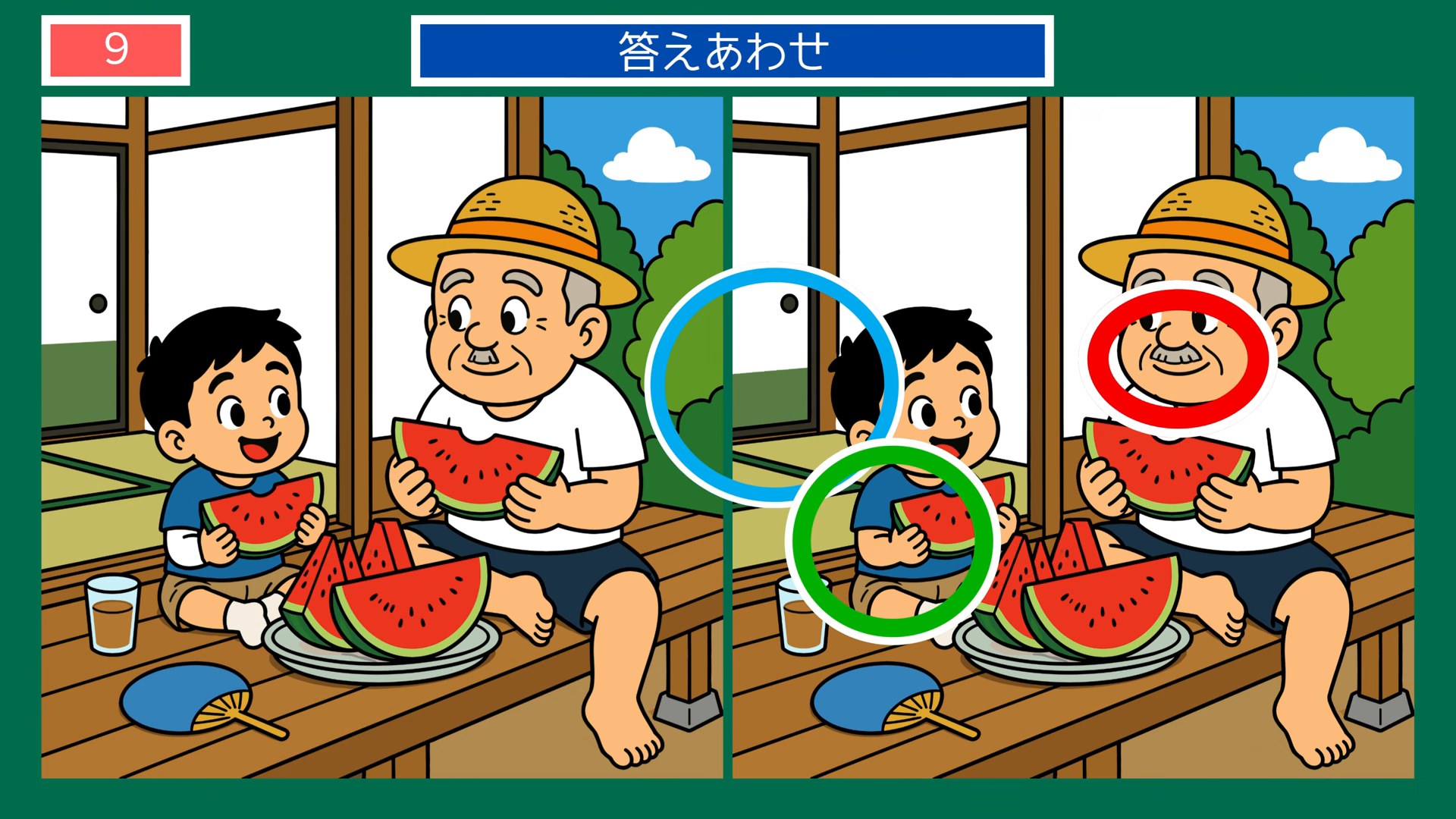 懐かしい日常の間違い探し 第9問 縁側でスイカの答え