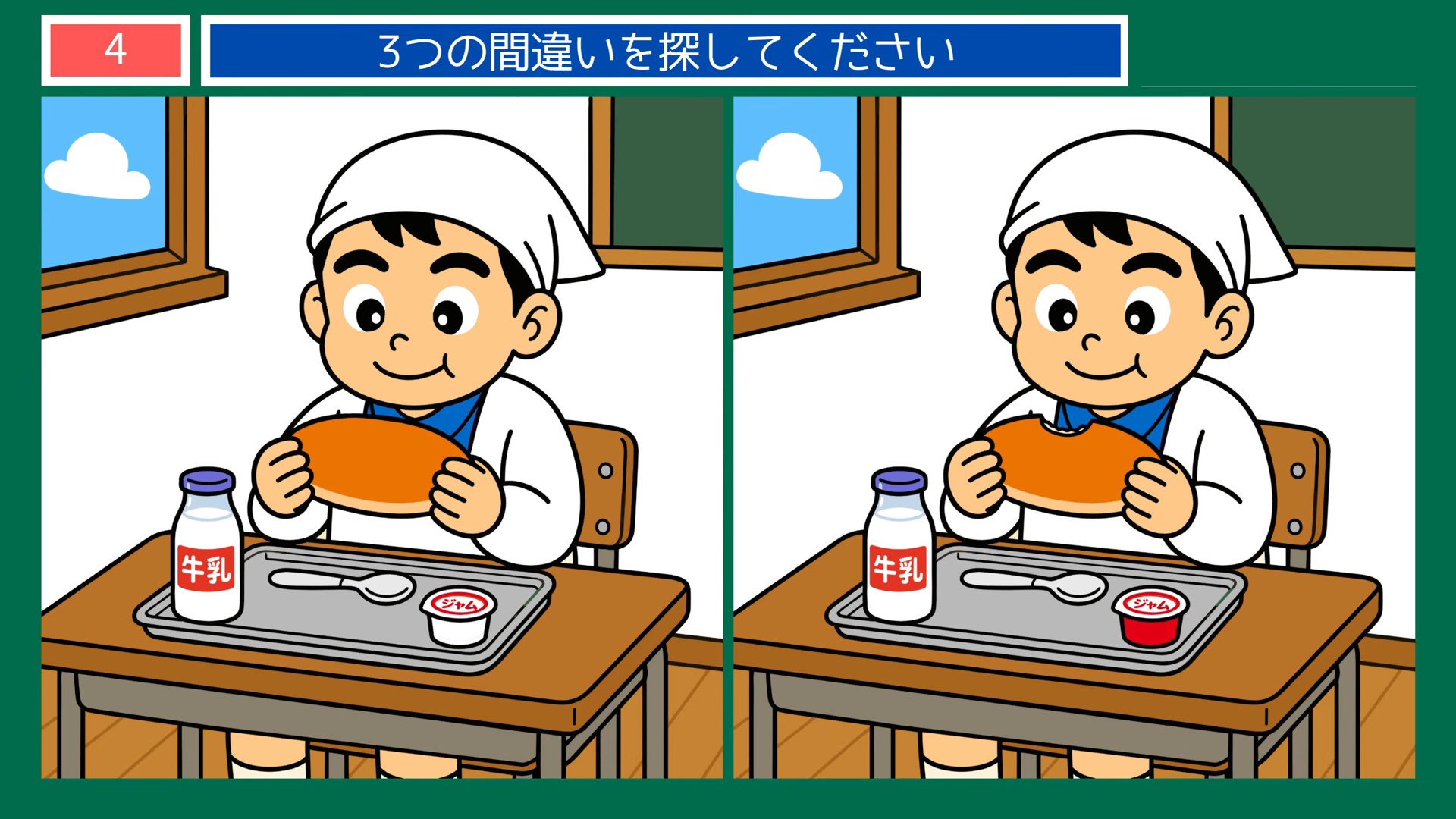 懐かしい日常の間違い探し 第4問 給食当番の昼どきの問題イラスト