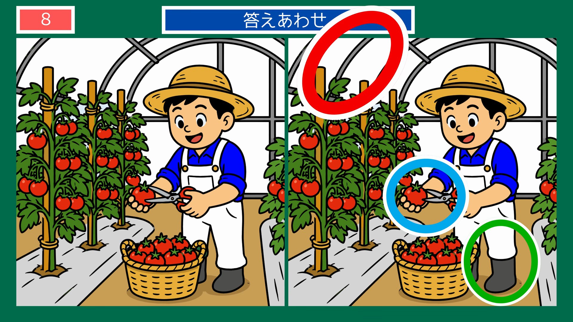 日常のひとコマの間違い探し 第7問 ビニールハウスのトマト収穫の答え