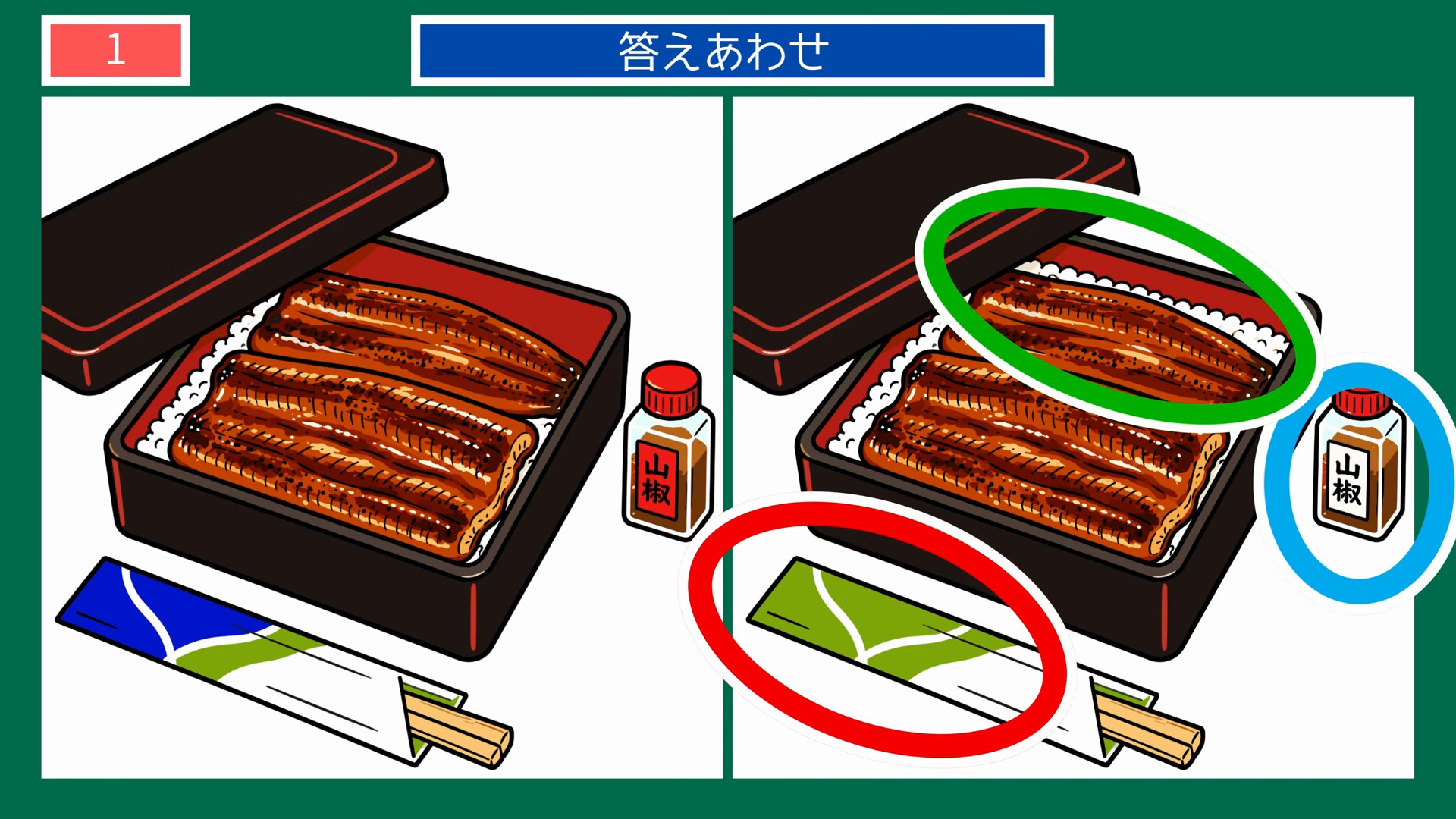 日常のひとコマの間違い探し 第1問 うな重弁当の答え