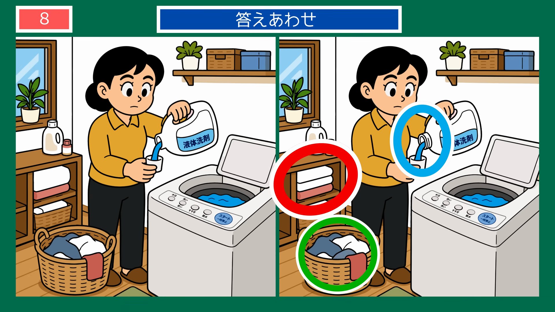 日常のいろいろ間違い探し 第8問 洗濯機に洗剤を入れる女性の答え