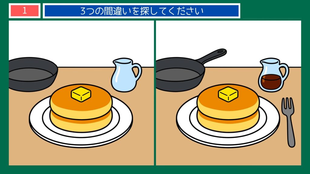 くらしの間違い探し 第1問 ホットケーキの朝食の問題イラスト