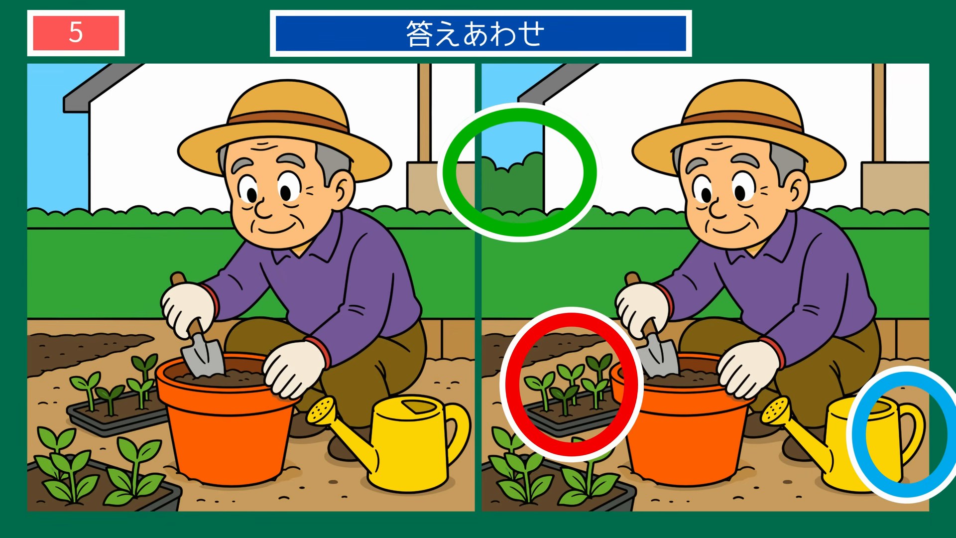 毎日のくらしの間違い探し 第5問 鉢に苗を植えかえるおじいさんの答え