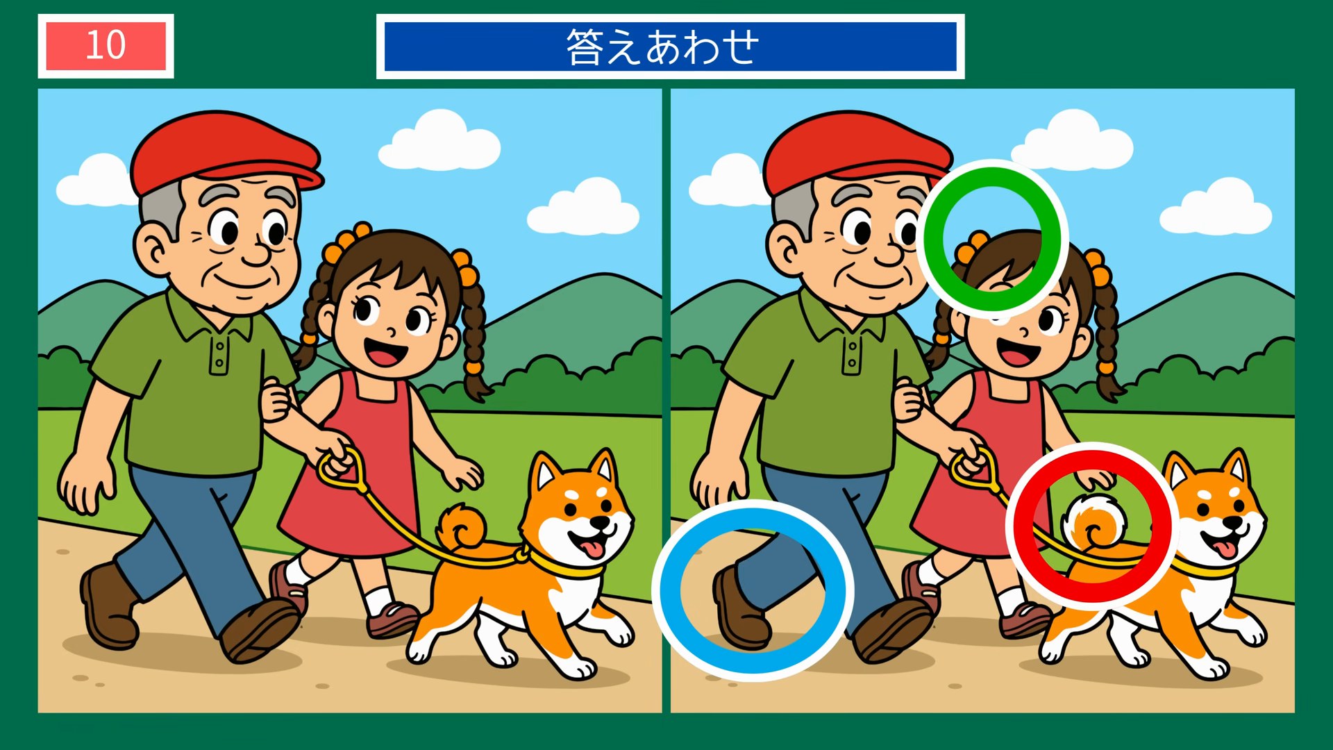 毎日のくらしの間違い探し 第10問 祖父と孫と柴犬のお散歩の答え