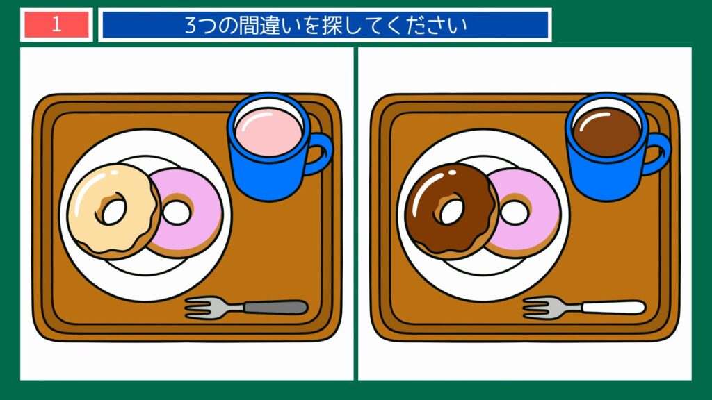 トレイにのったドーナツの朝食 の問題イラスト