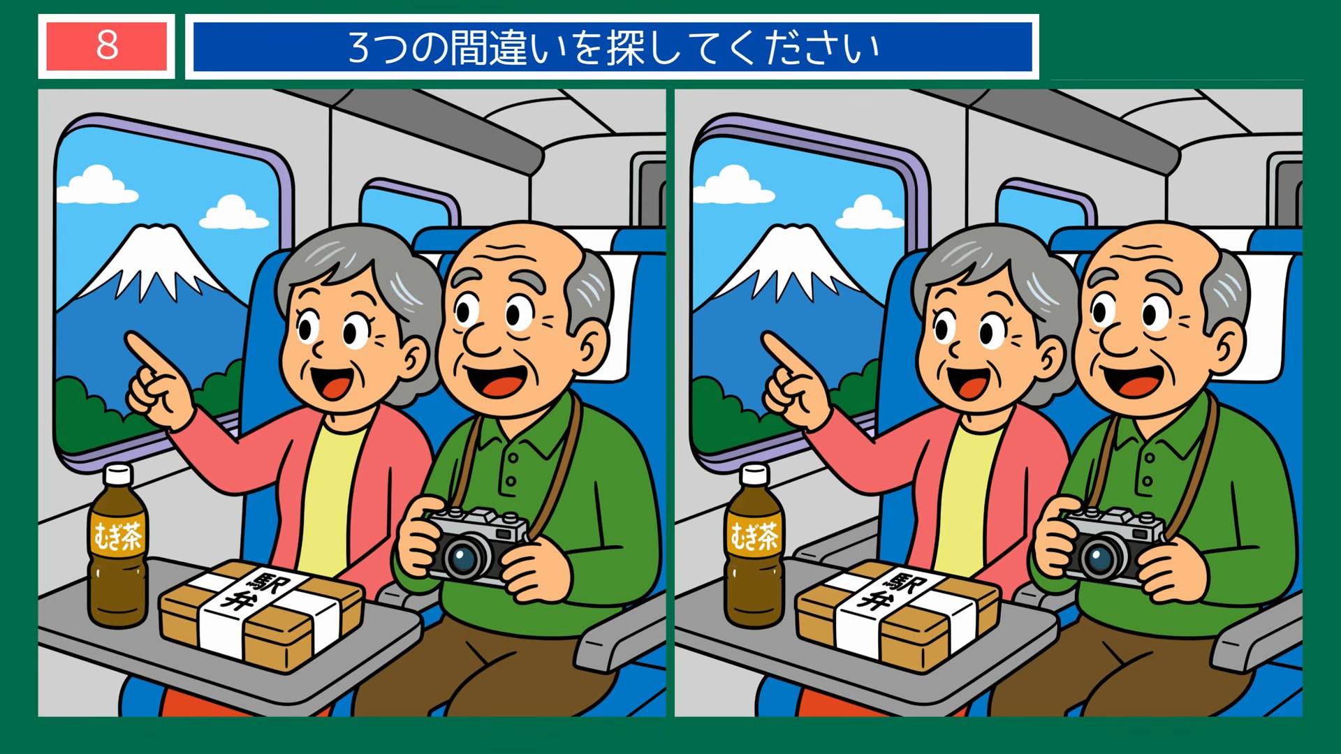 新幹線から富士山を眺める夫婦 の問題イラスト