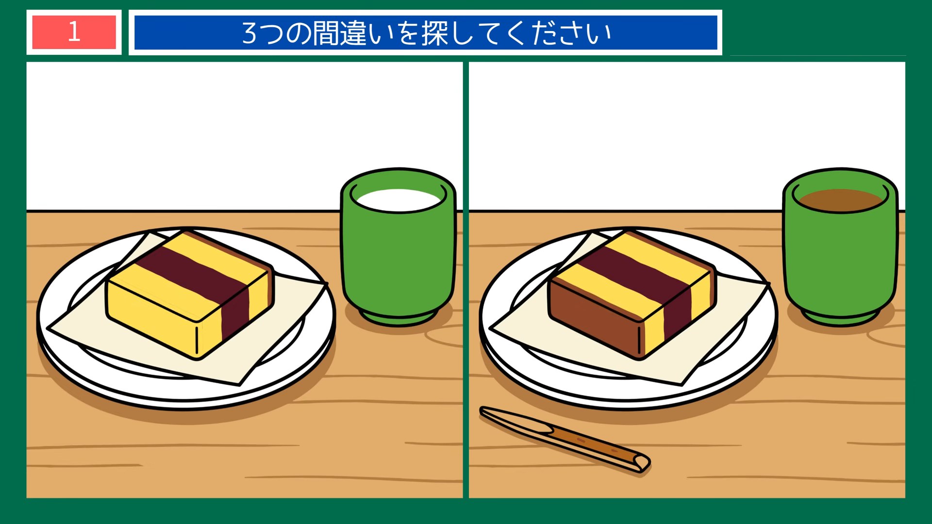 生活のひとコマの間違い探し 第1問 お茶とお菓子の問題イラスト
