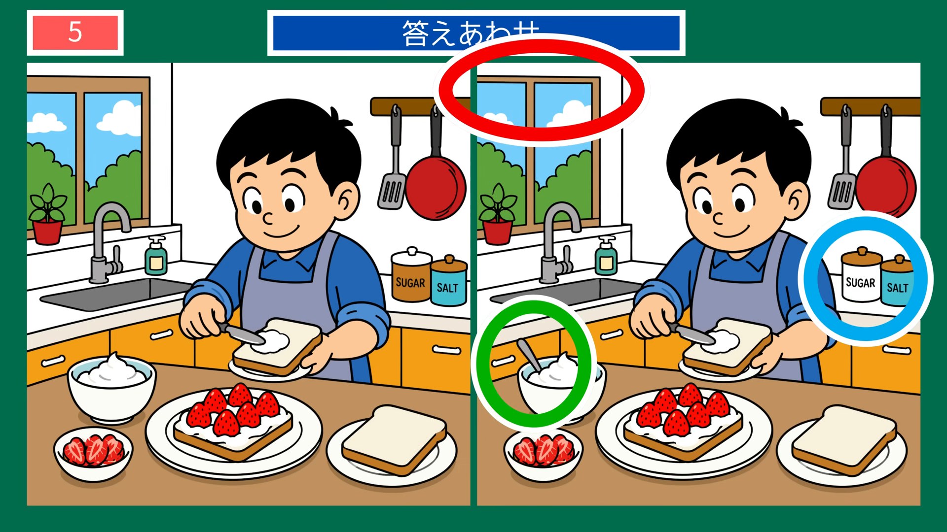 生活のひとコマの間違い探し 第5問 いちごサンドづくりの答え