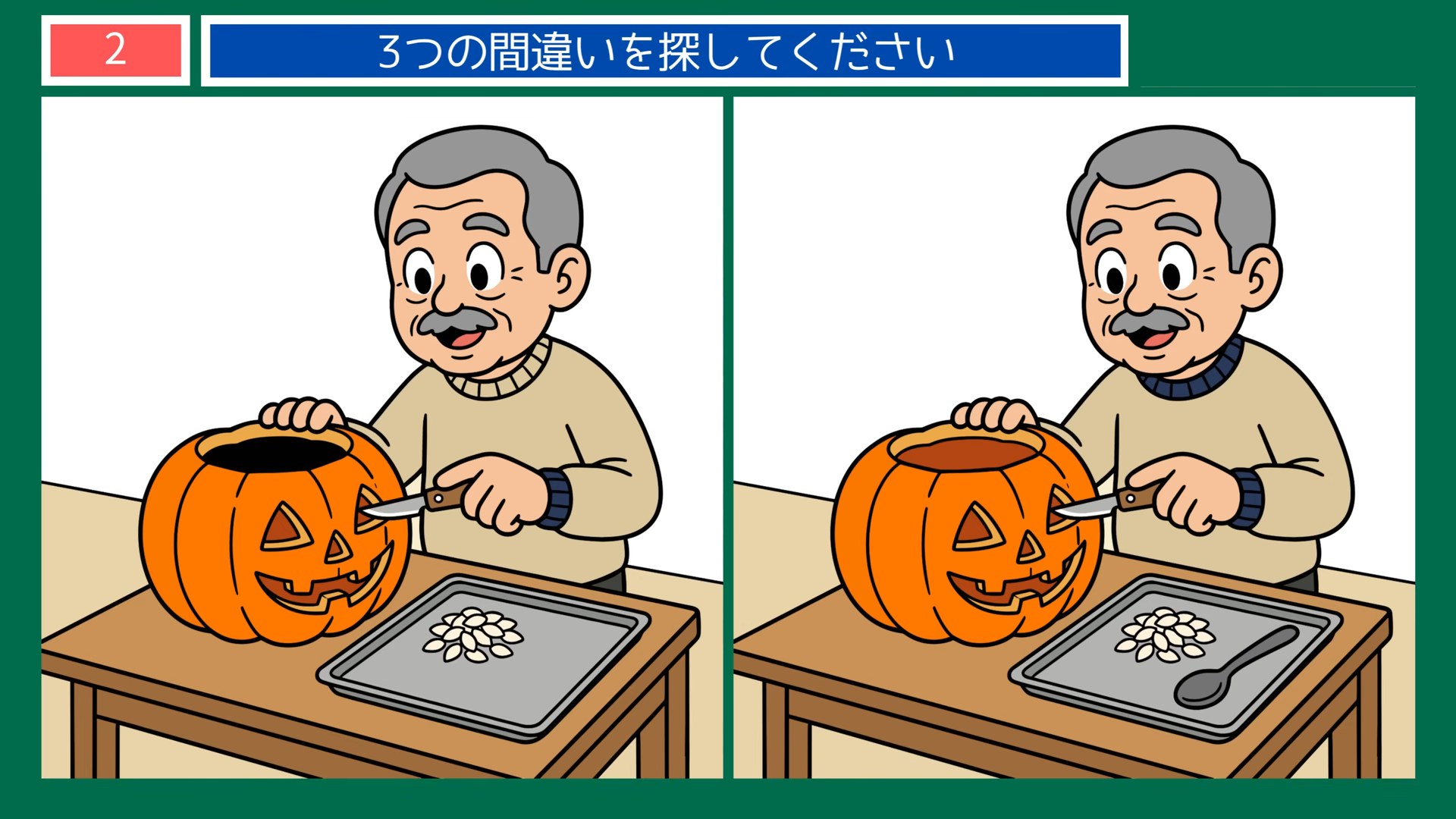 生活のひとコマの間違い探し 第2問 かぼちゃのランタンづくりの問題イラスト