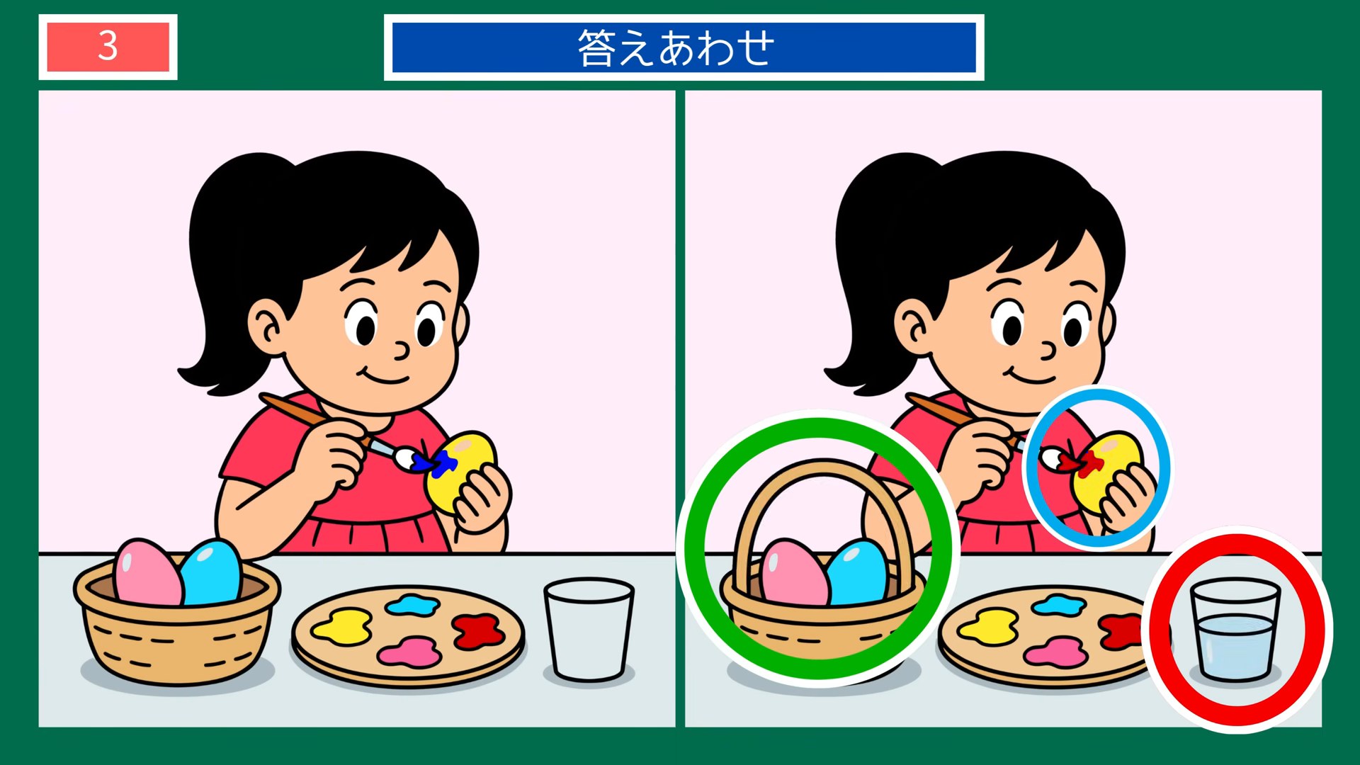 生活のひとコマの間違い探し 第3問 たまごの色つけの答え