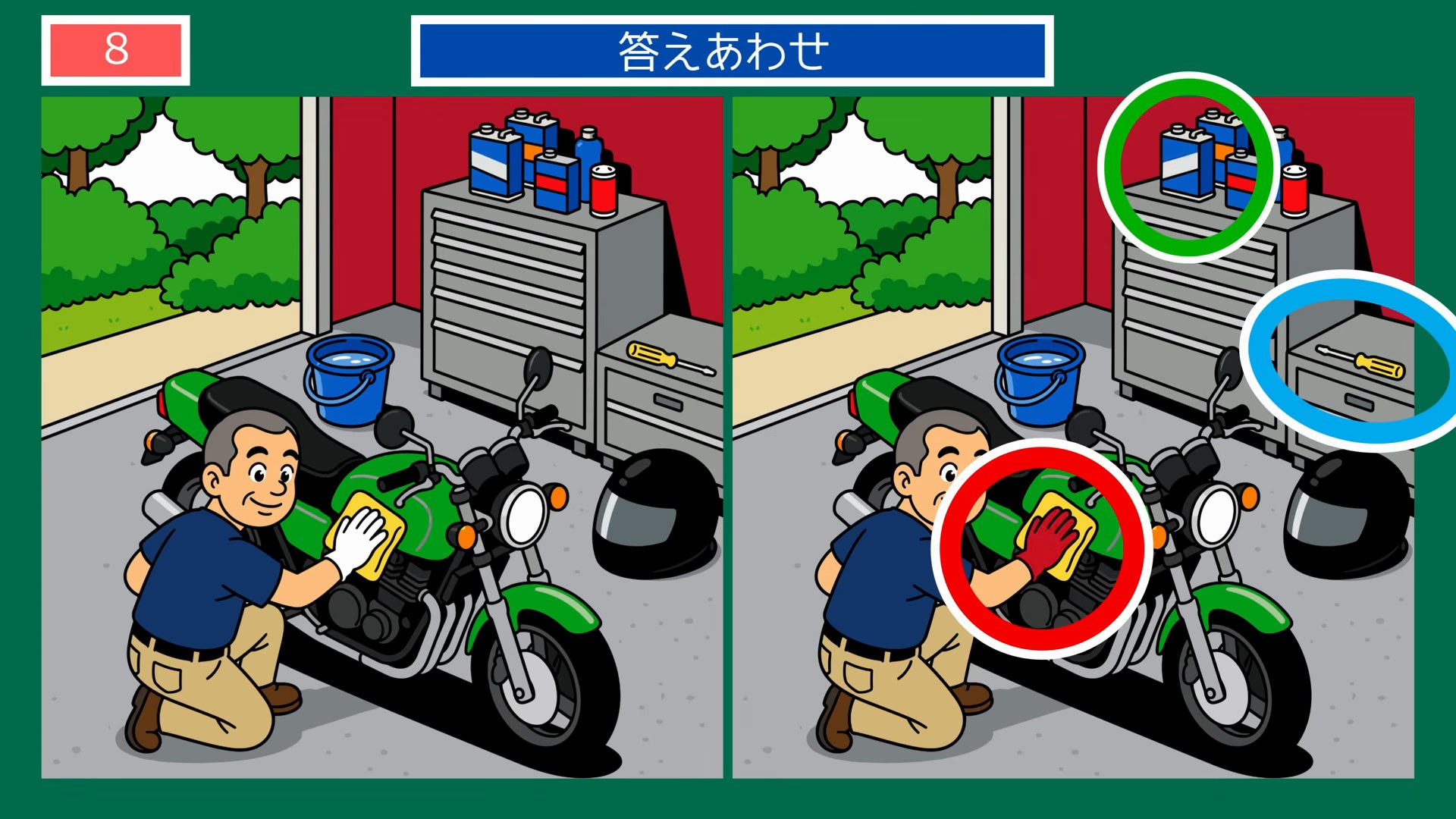 四季おりおりの間違い探し 第7問 バイクの手入れの答え