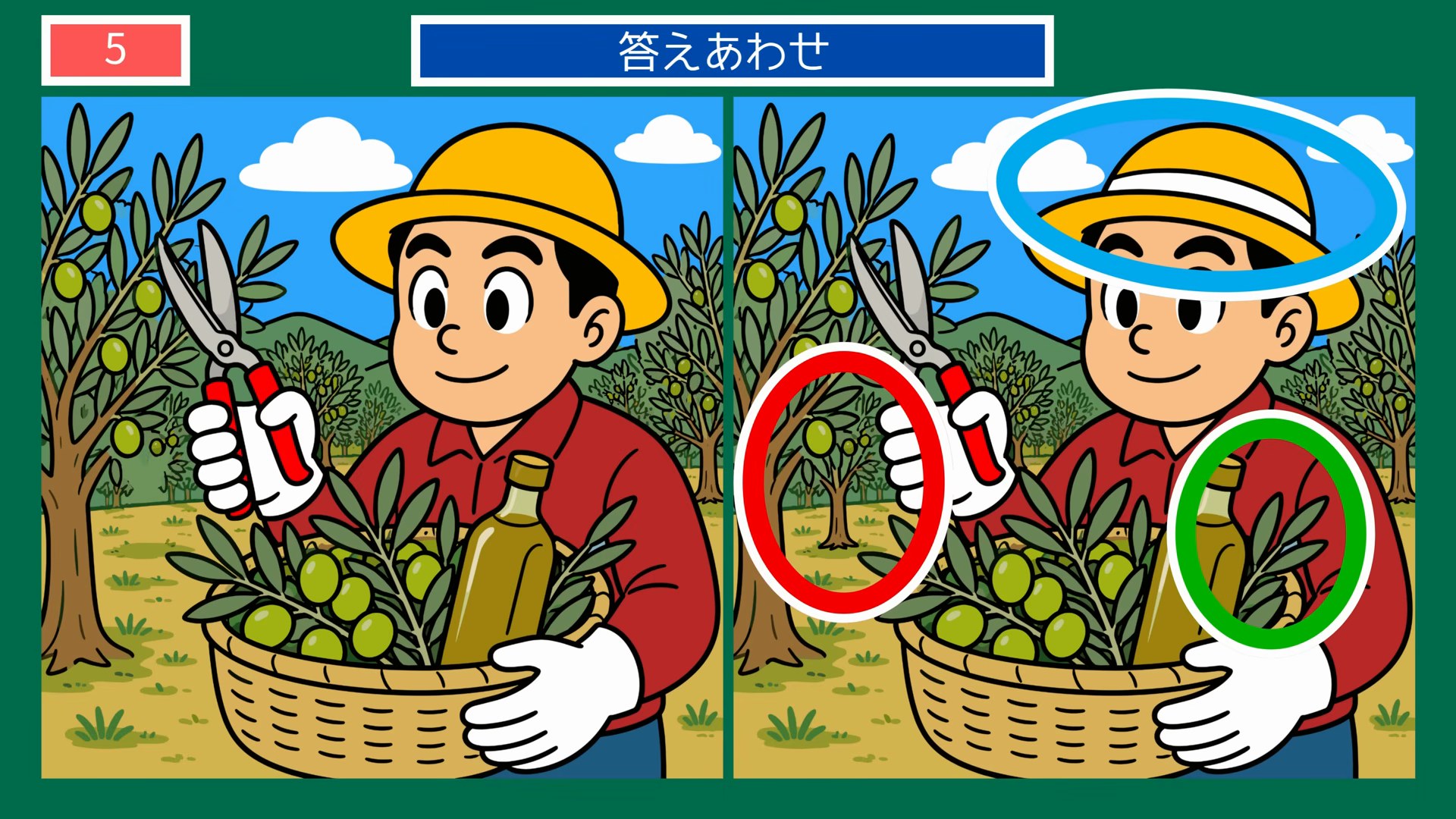 四国4県めぐりの間違い探し 第5問 小豆島のオリーブの答え