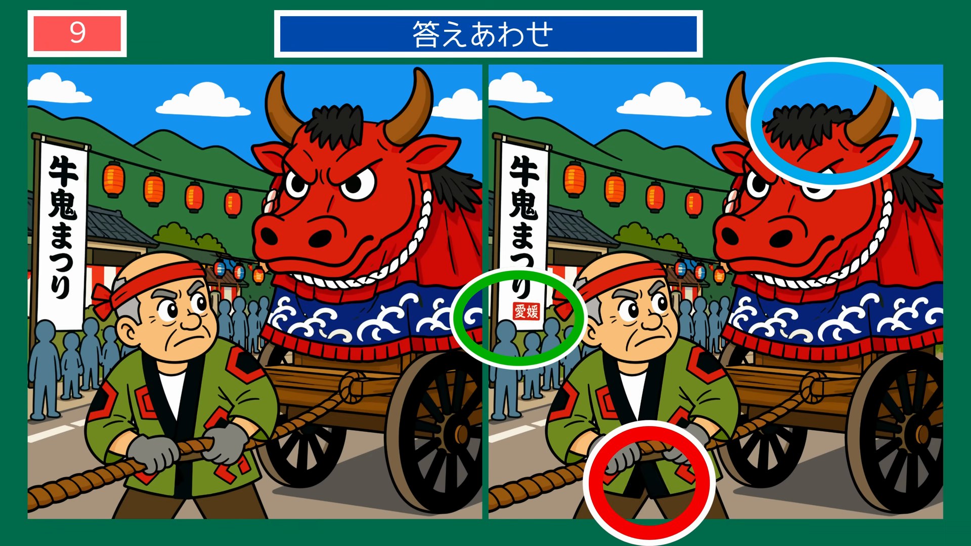 四国4県めぐりの間違い探し 第9問 うわじま牛鬼まつりの答え