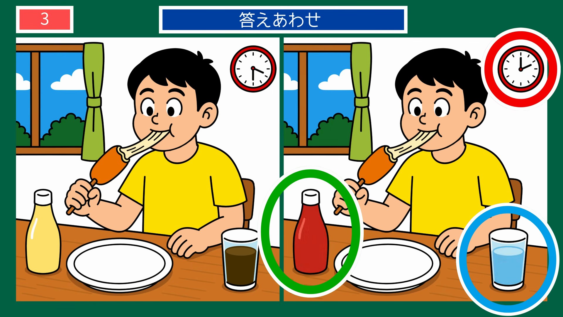 食卓とくらしの間違い探し 第3問 チーズハットグを食べる男の子の答え