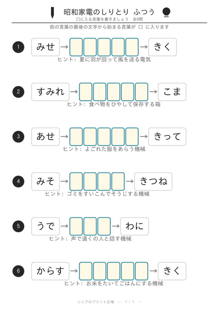 昭和家電のしりとりプリント(ふつう)全6問