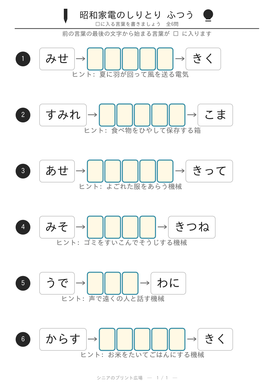 昭和家電のしりとり ふつう 問題カラー版