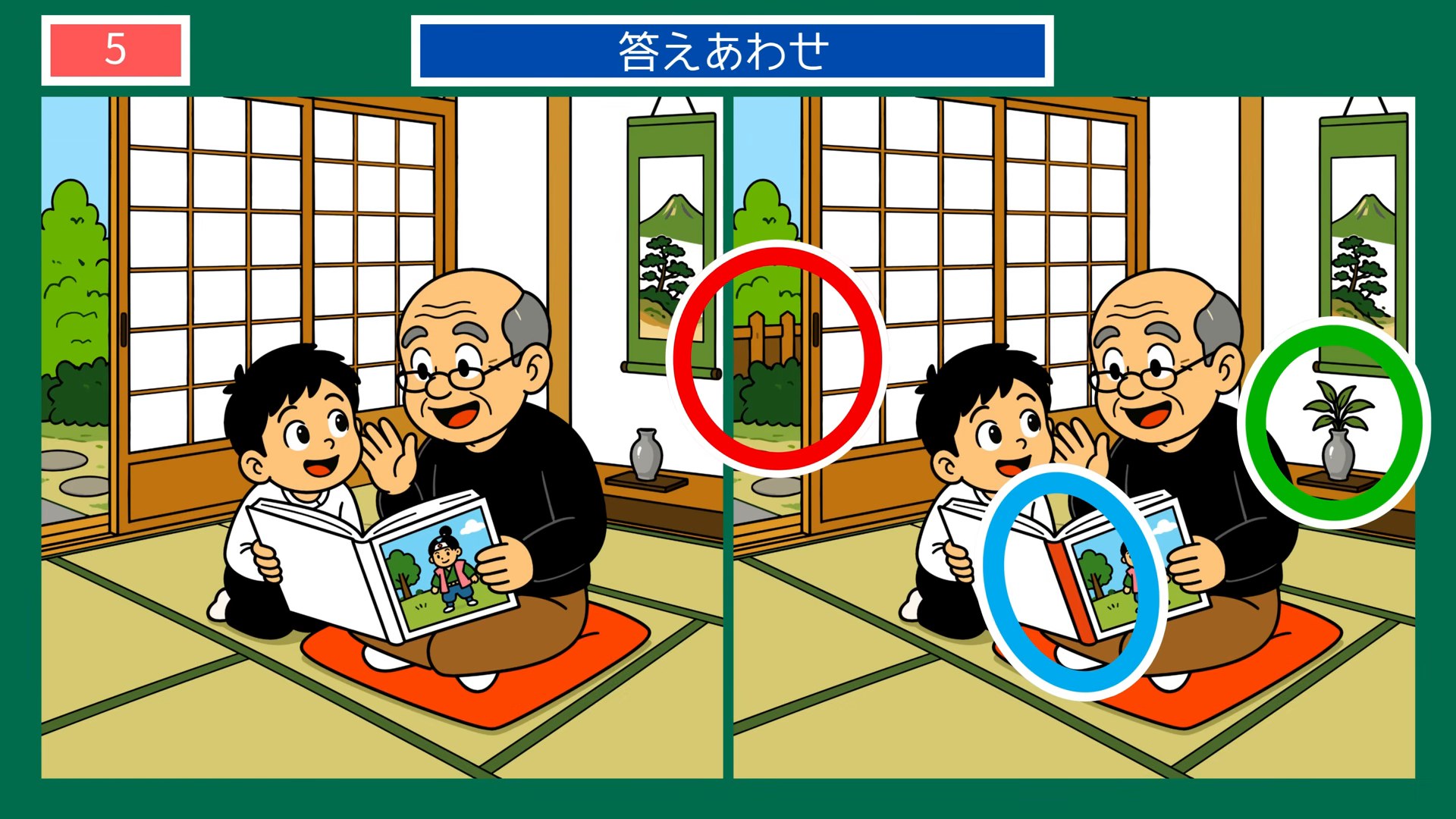 趣味とおでかけの間違い探し 第5問 和室で絵本を読むの答え