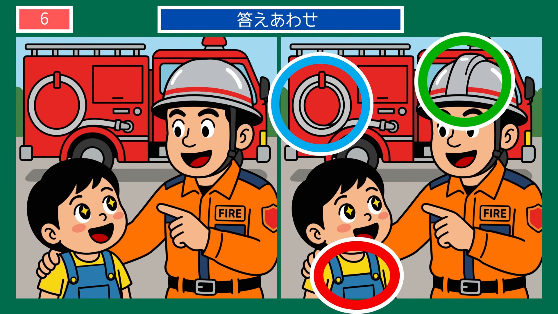 趣味とおでかけの間違い探し 第6問 消防車と消防士さんの答え