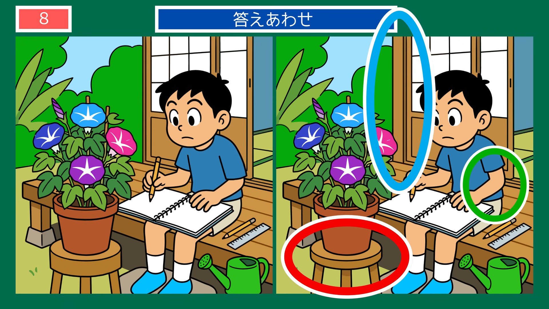 趣味とおでかけの間違い探し 第8問 朝顔の観察日記の答え