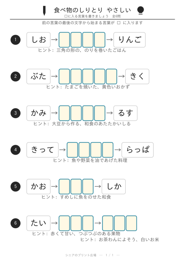 食べ物のしりとりプリント(やさしい)全6問