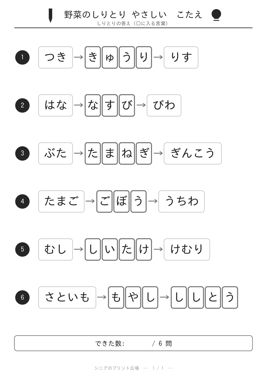 野菜のしりとり やさしい 答え白黒版