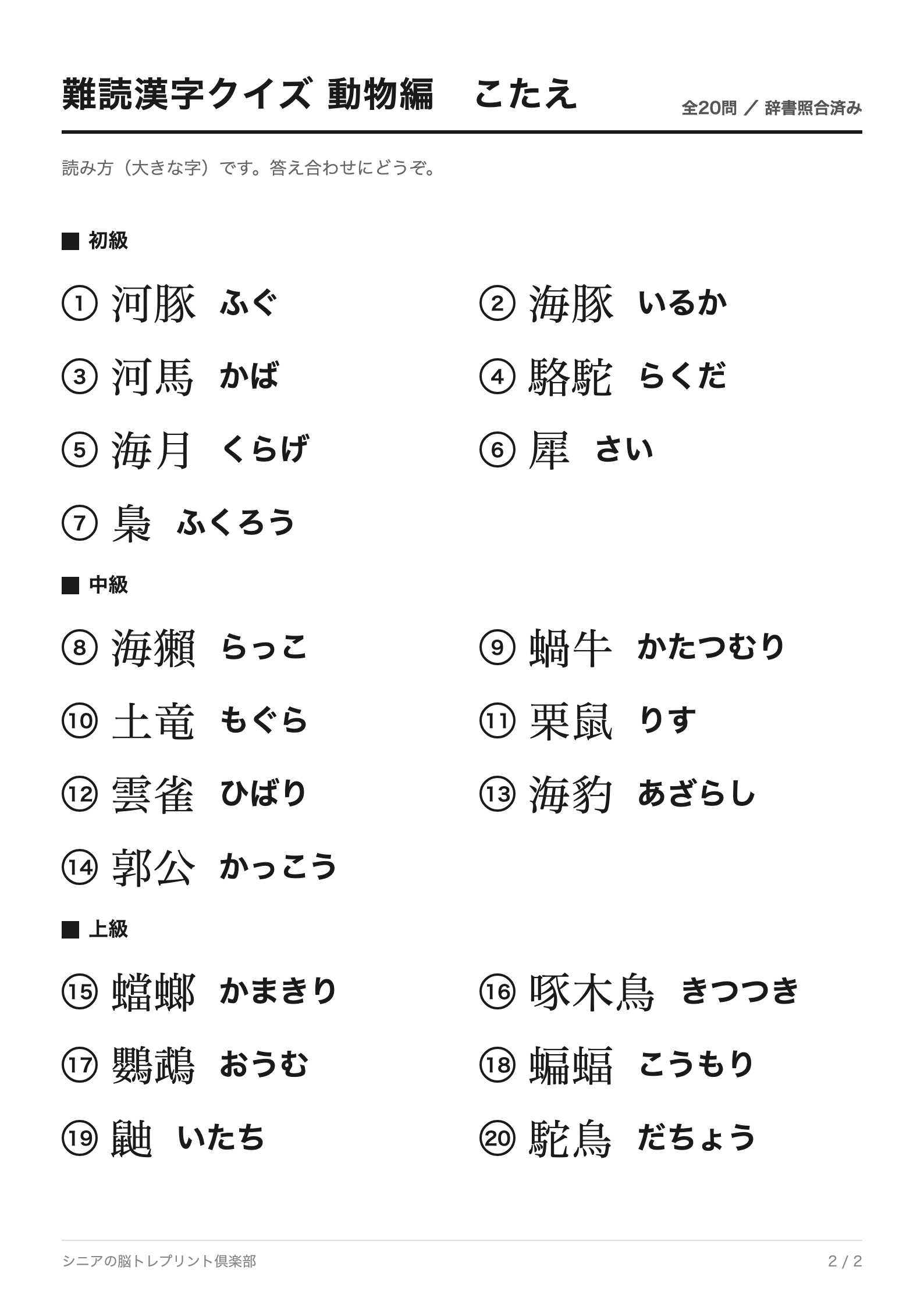 難読漢字クイズ 動物編 全20問 答えページ