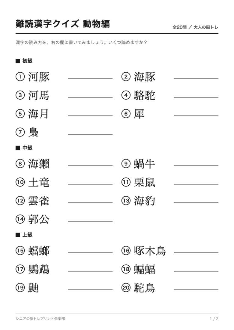 難読漢字クイズ 動物編 全20問