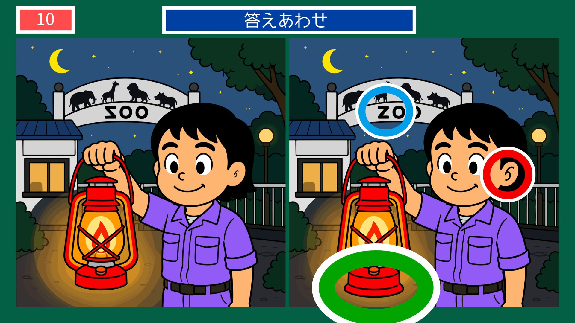 動物園の一日の間違い探し 第10問 夜の動物園の答え