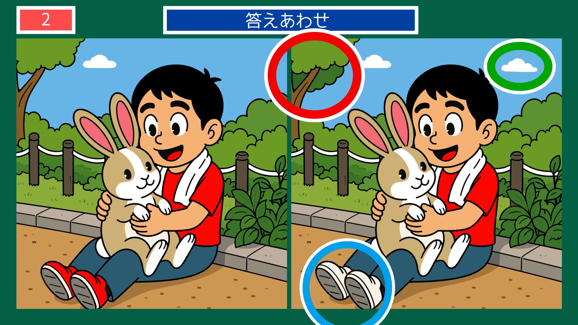 動物園の一日の間違い探し 第2問 ふれあい広場の答え