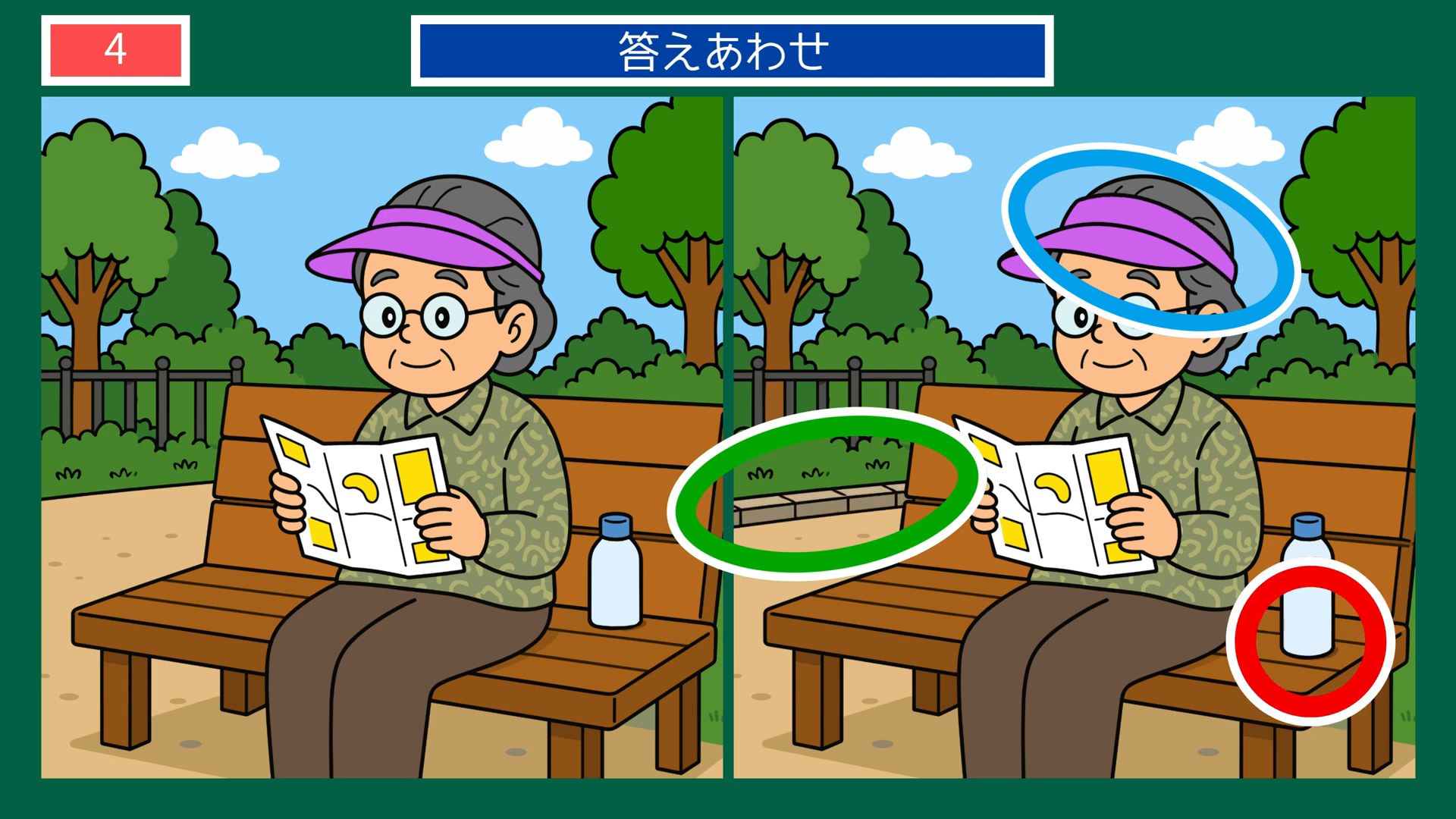 動物園の一日の間違い探し 第4問 ベンチでひと休みの答え