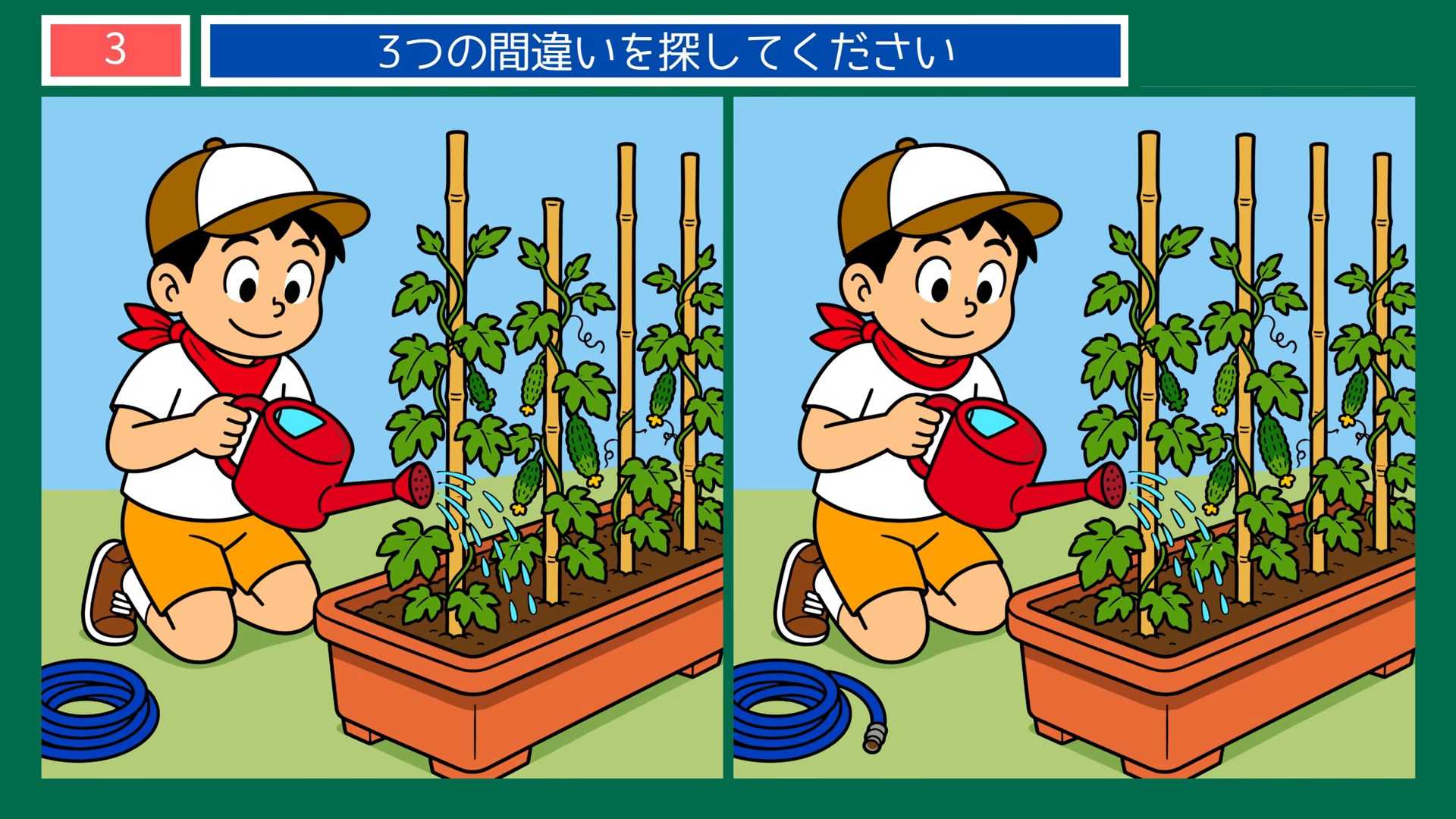 ふだんの一日の間違い探し 第2問 家庭菜園の水やりの問題イラスト