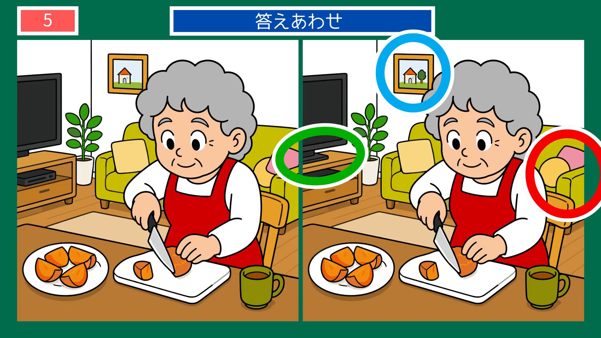 日々のたのしみの間違い探し 第5問 柿を切るの答え