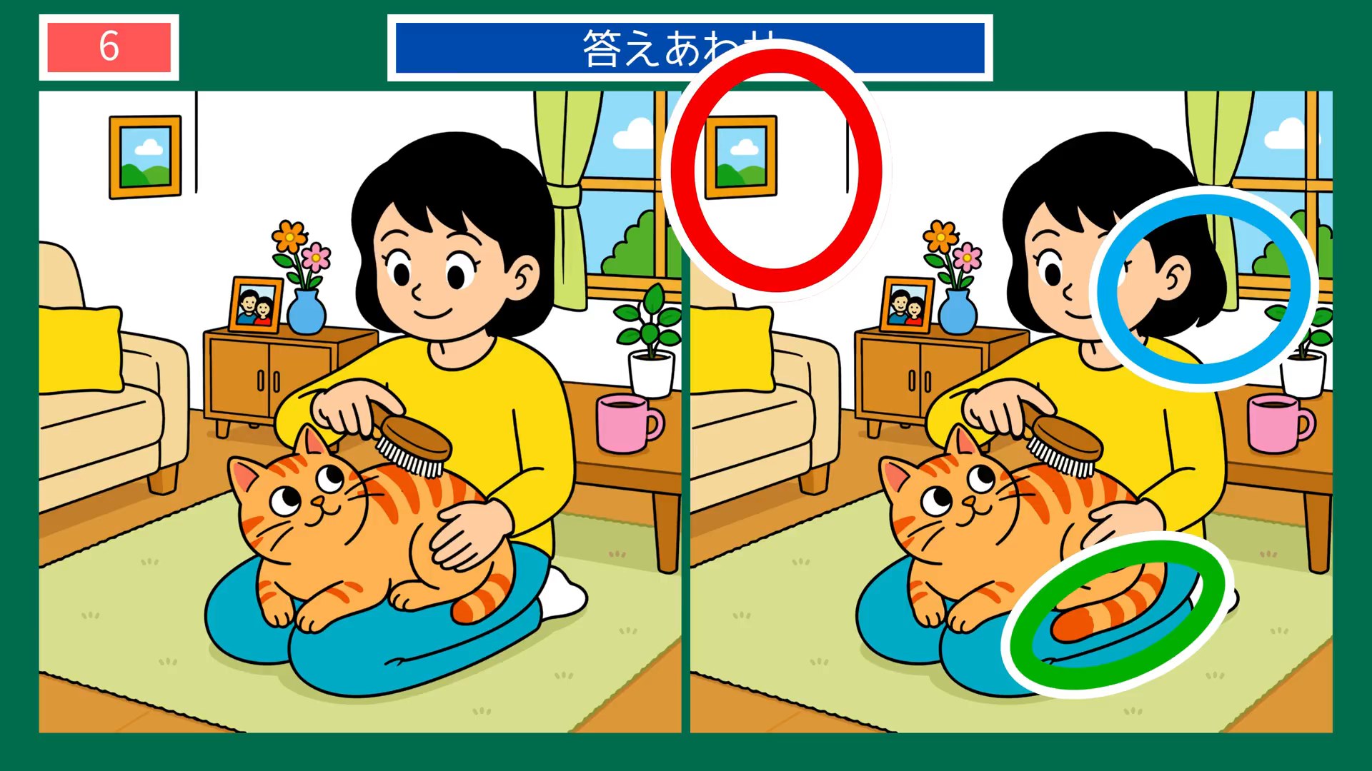 日々のたのしみの間違い探し 第6問 猫のブラッシングの答え
