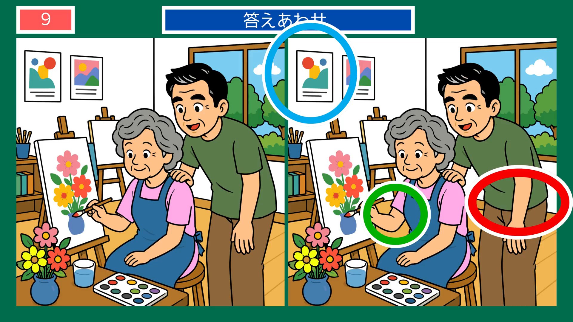 日々のたのしみの間違い探し 第9問 絵を描くの答え