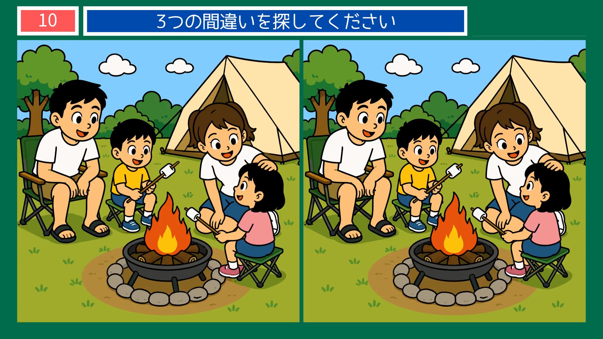 日々のたのしみの間違い探し 第10問 焚き火を囲むの問題イラスト