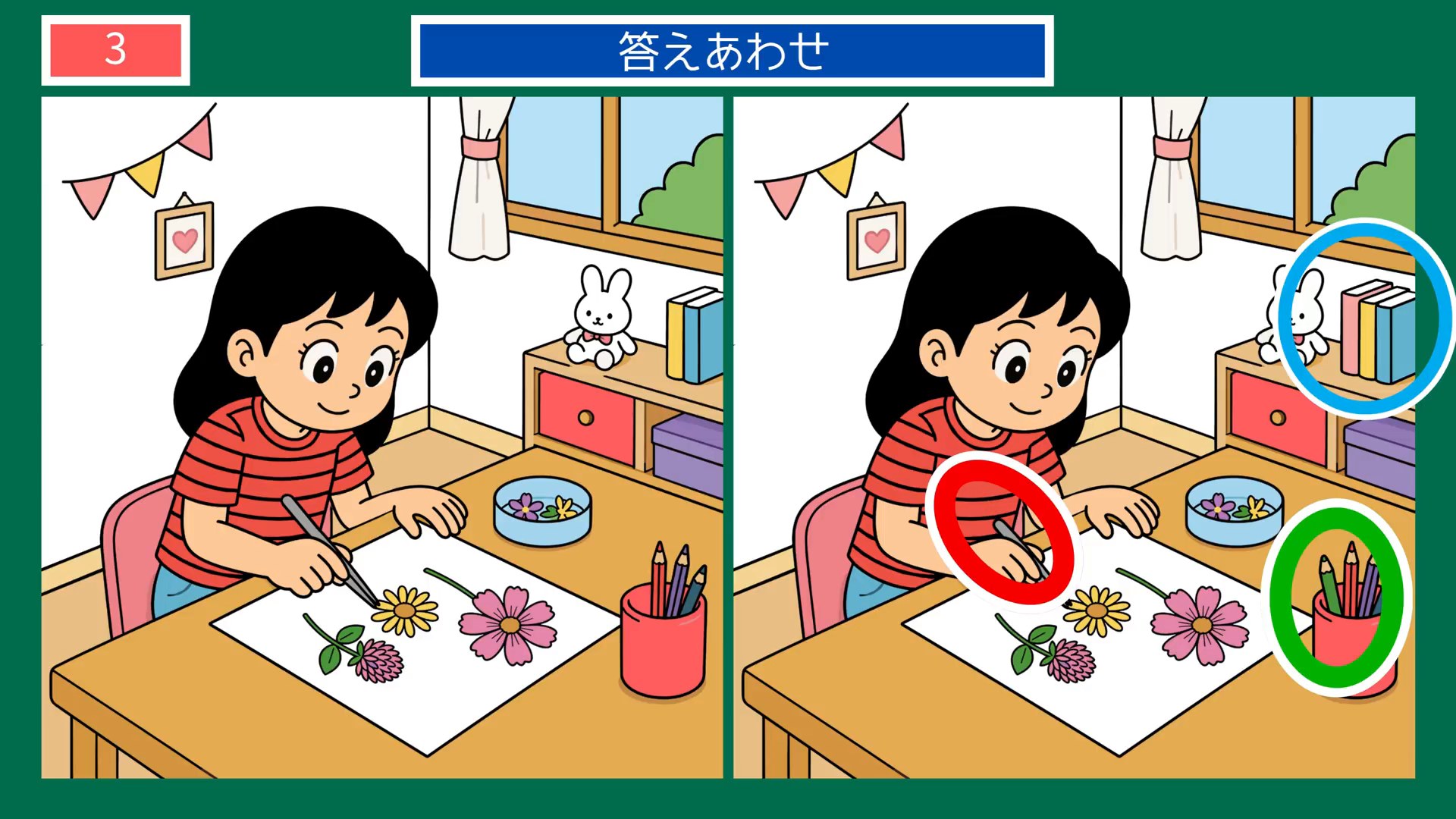 日々のたのしみの間違い探し 第3問 花の絵を描くの答え