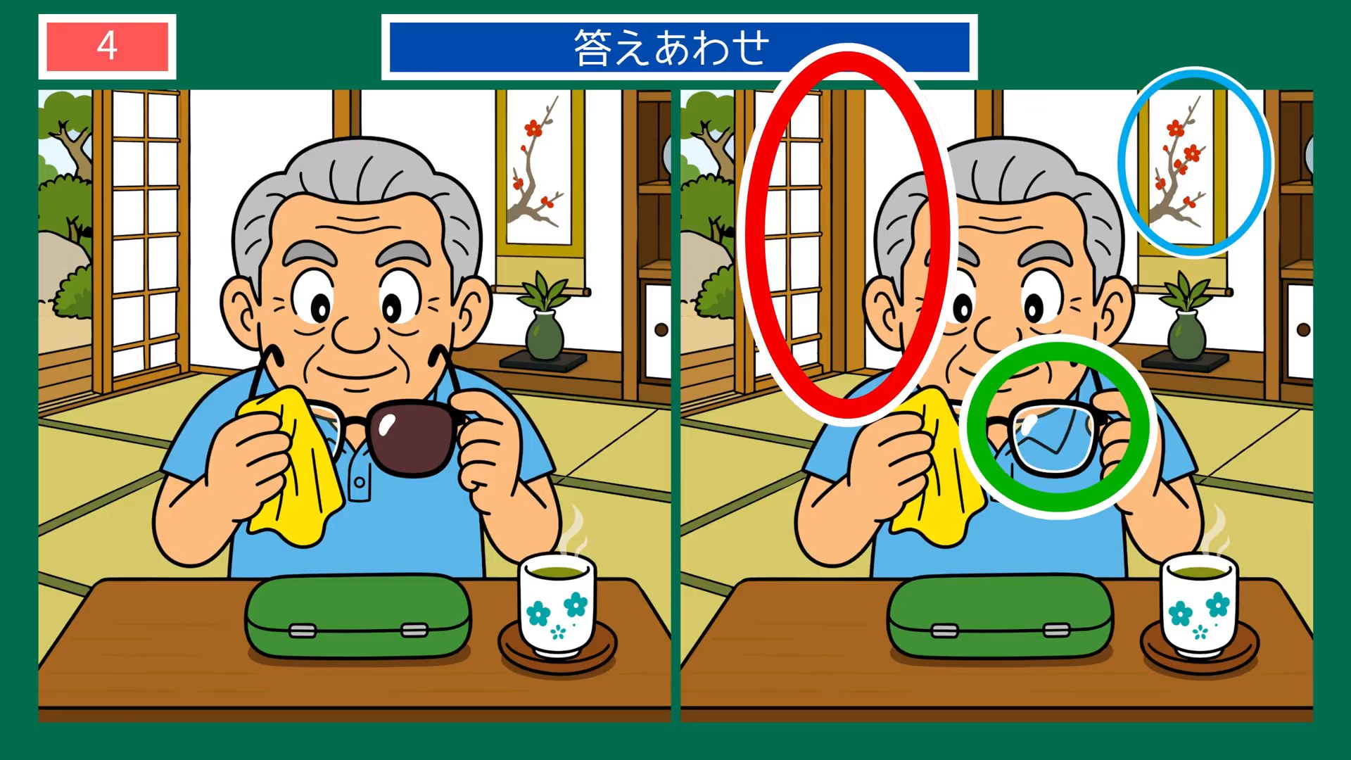 日々のたのしみの間違い探し 第4問 眼鏡をふくの答え
