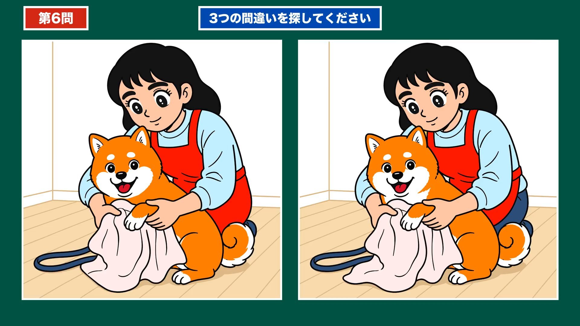 家事とだんらんの間違い探し 第6問 柴犬の世話の問題イラスト