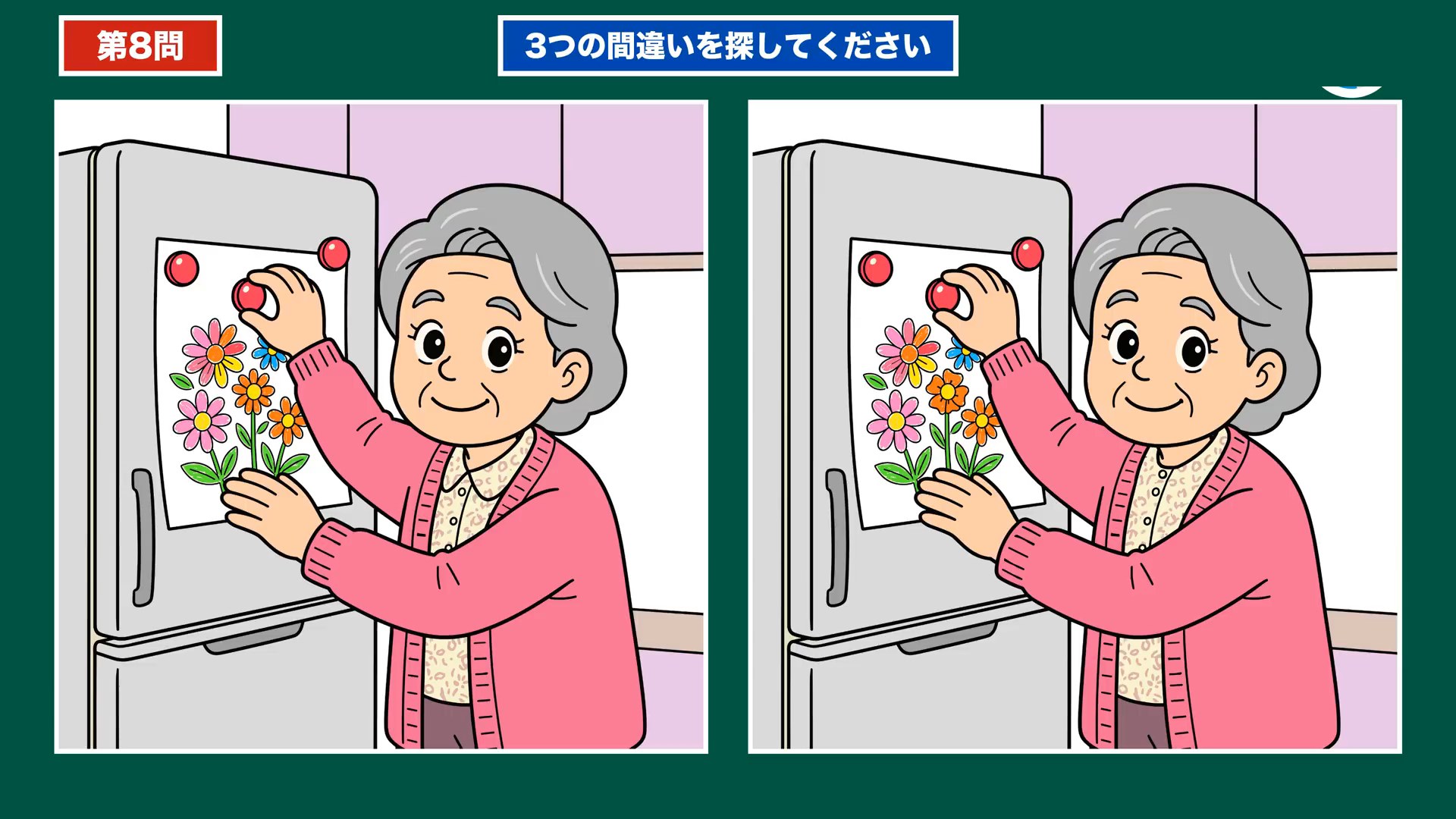 家事とだんらんの間違い探し 第8問 冷蔵庫にかざるの問題イラスト