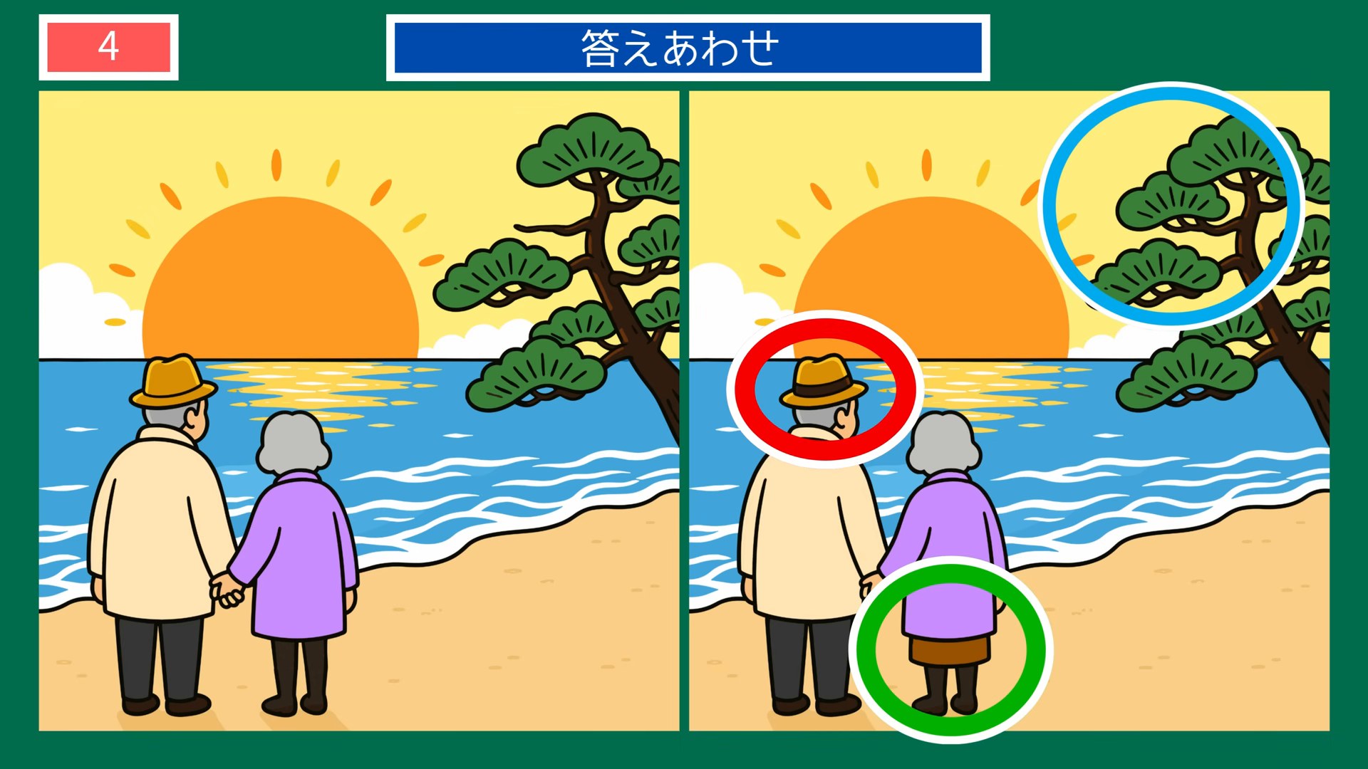 くらしのいろいろの間違い探し 第4問 海辺の二人の答え
