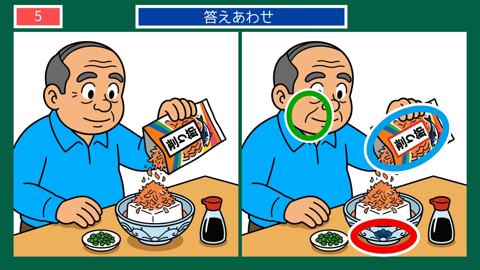暮らしの風景の間違い探し 第5問 ごはんに削り節の答え