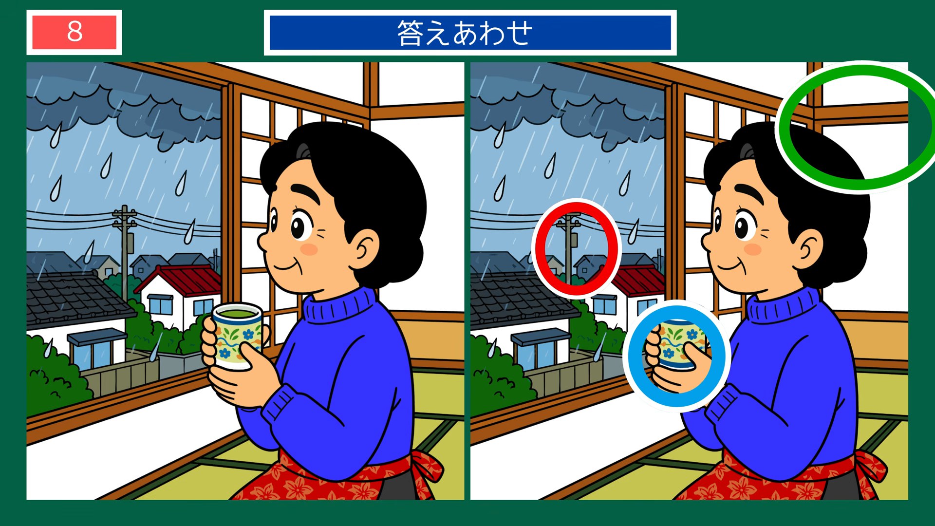 暮らしの風景の間違い探し 第8問 雨の日の縁側の答え