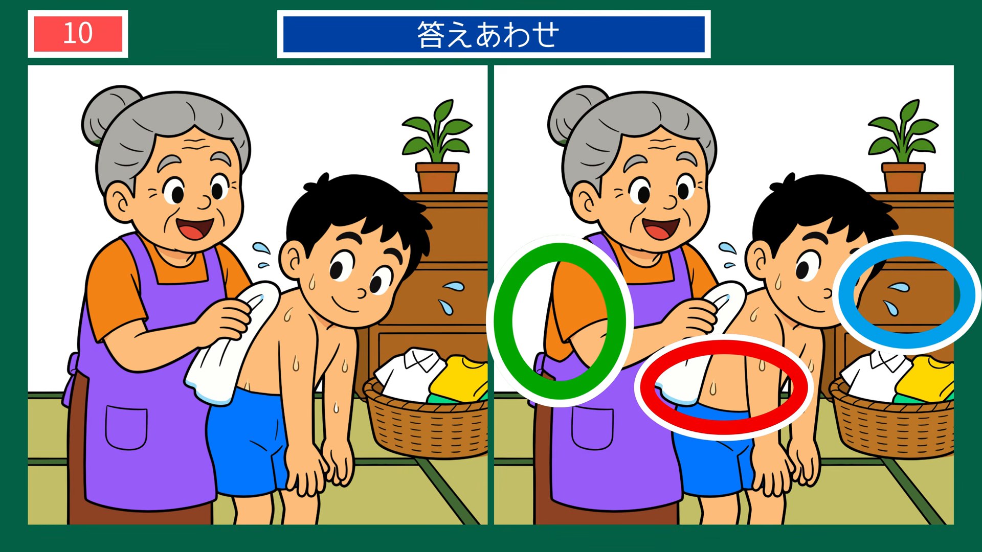 暮らしの風景の間違い探し 第10問 風呂上がりの支度の答え