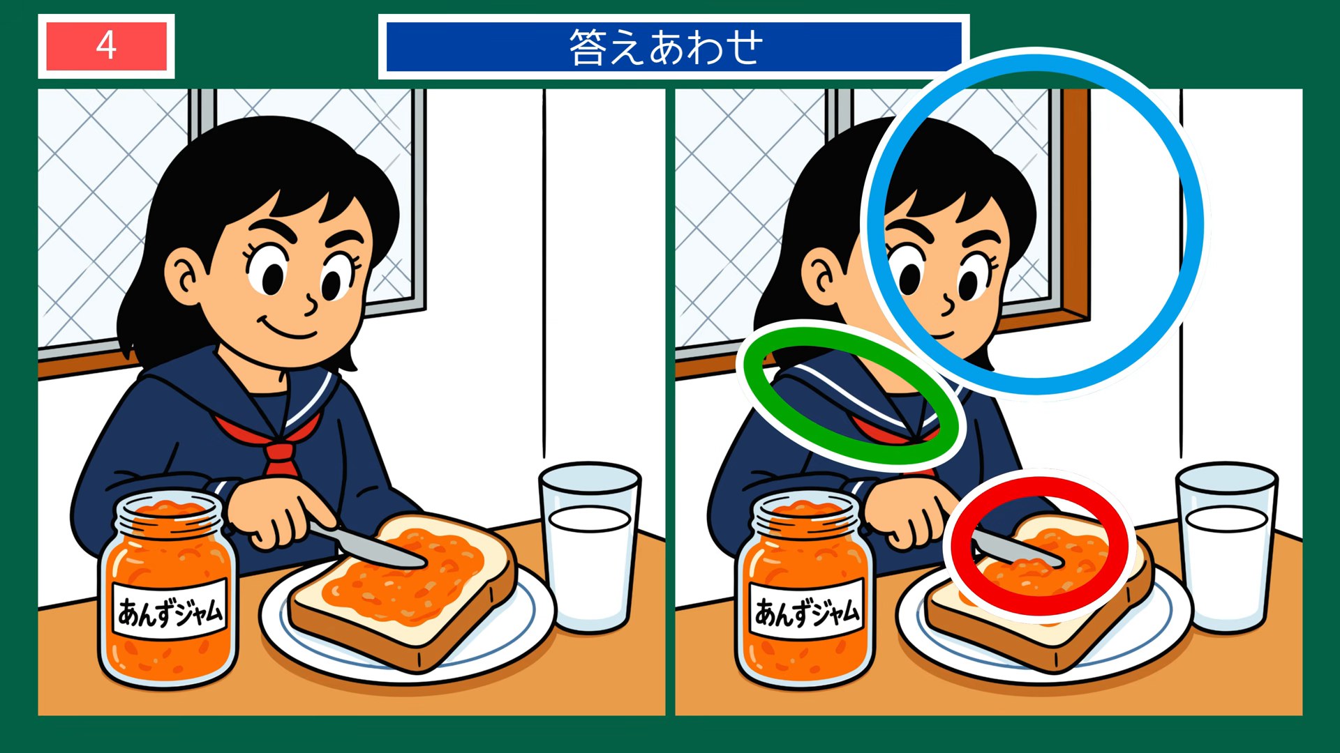 暮らしの風景の間違い探し 第4問 あんずジャムの朝食の答え