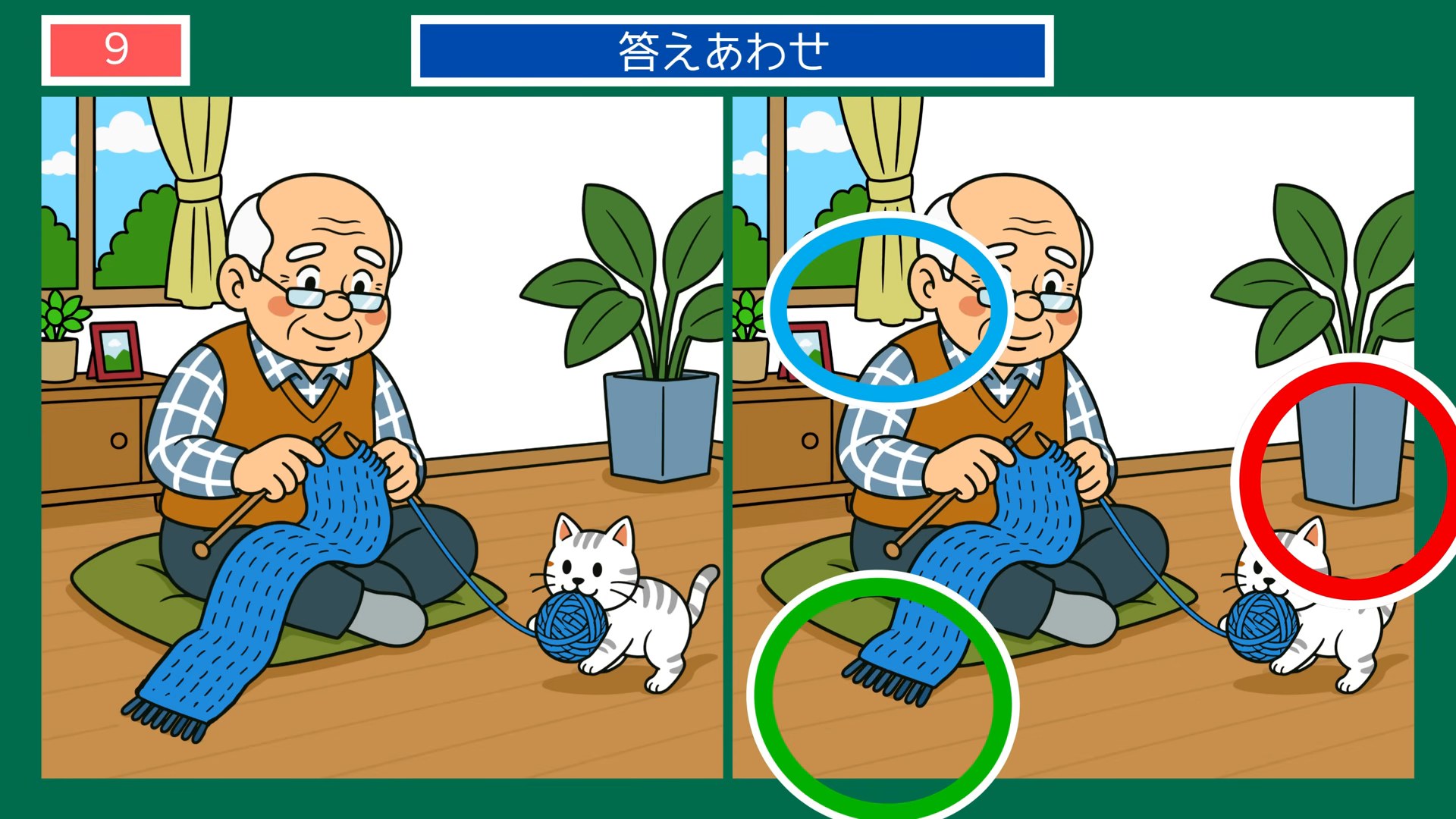 暮らしの一日の間違い探し 第9問 編みものとねこの答え