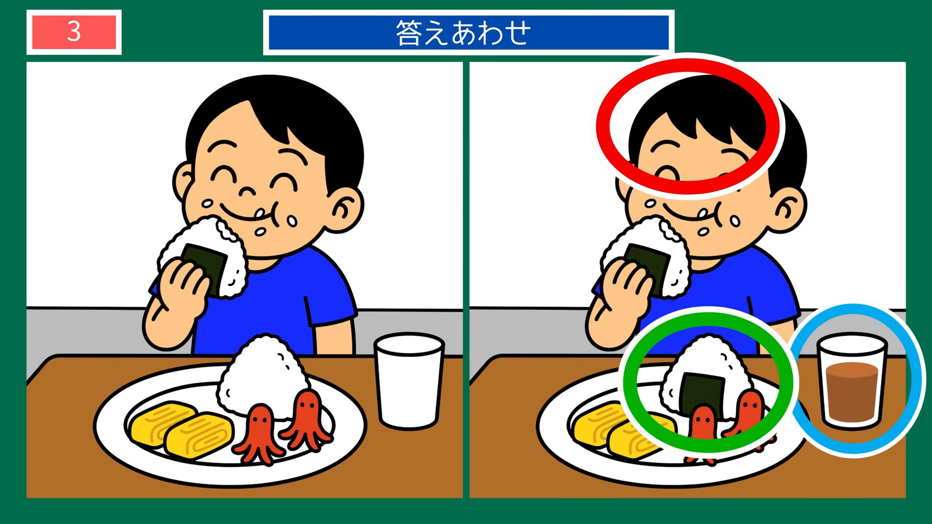 暮らしの一日の間違い探し 第3問 おにぎりのお昼の答え