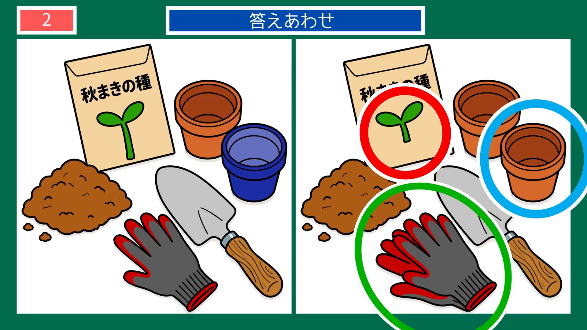 くらしの手しごとの間違い探し 第2問 秋まきの種と園芸道具の答え