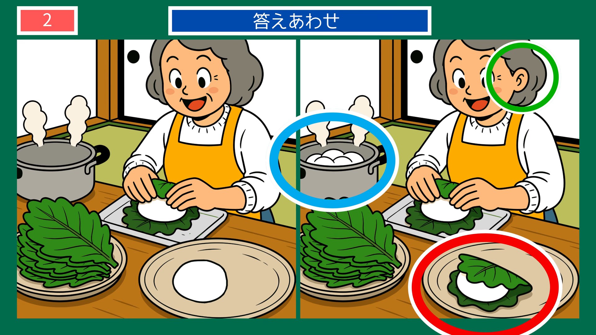暮らしの手しごとの間違い探し 第2問 葉で包む蒸し菓子の答え